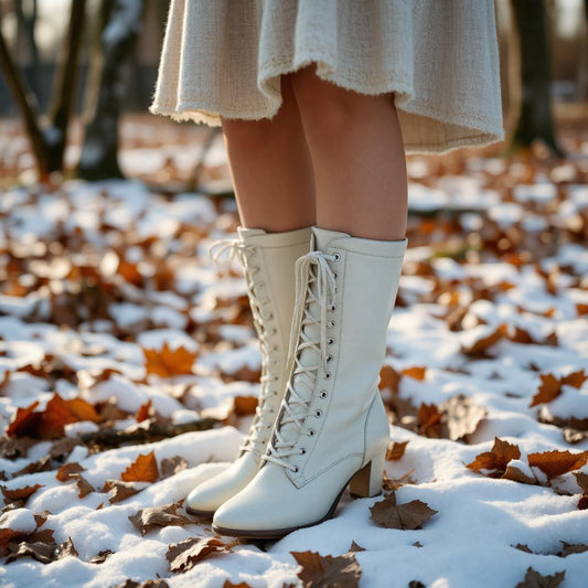 White long lace-up boots with mid heel, worn on snow with fallen autumn leaves.