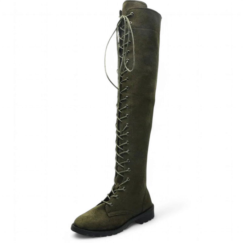 Army green over-the-knee lace-up boot, single boot in side angle