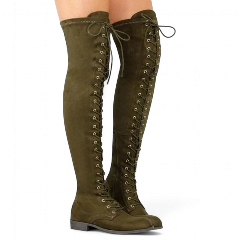 Army Green knee-high boots with lace-up design on a white background
