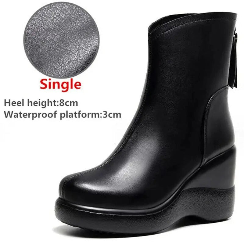 Side view of a black wedge ankle boot with an 8cm heel, featuring a circular callout labeled "Single Plush" to highlight the inner lining, displayed on a white background.