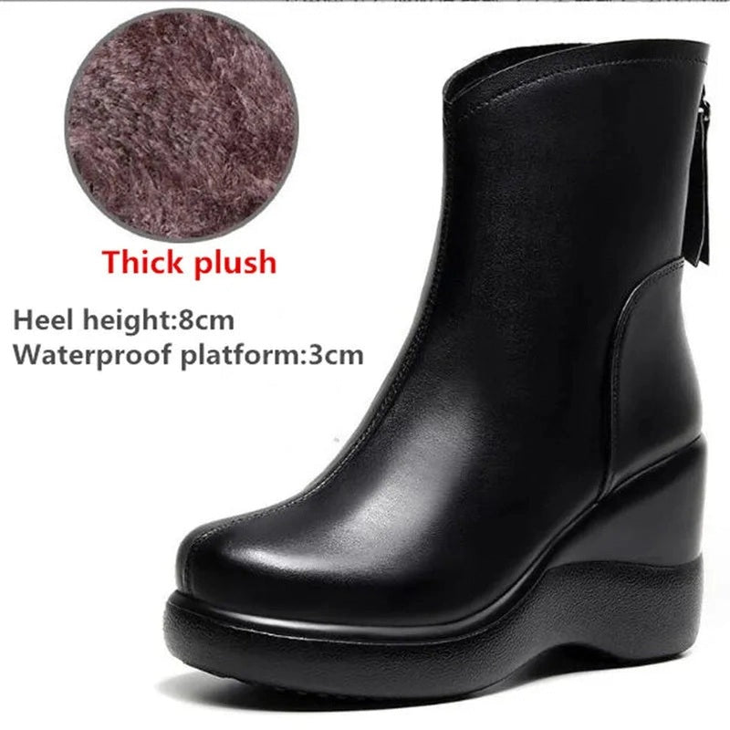 Side view of a black wedge ankle boot with an 8cm heel, featuring a circular callout highlighting the plush inner lining labeled "thick plush," displayed on a white background.