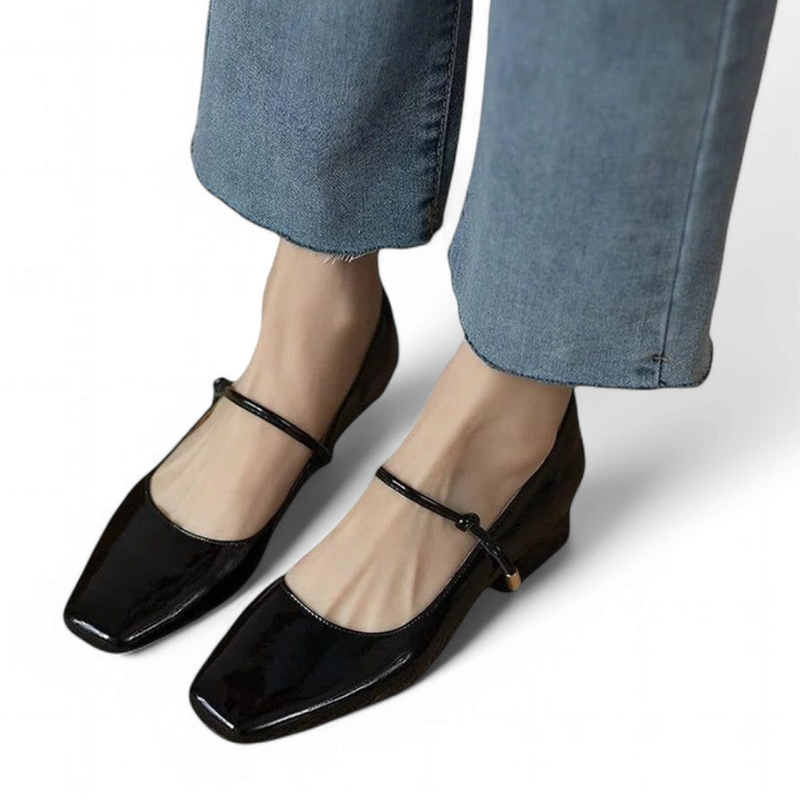 Top view of black pair showing squared vamp opening and glossy thin strap.