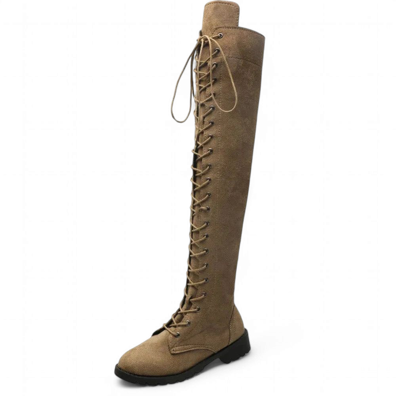 brown tall lace-up boot, side view of single boot