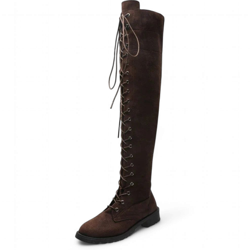 Single brown boot with long lace-up front and rounded toe
