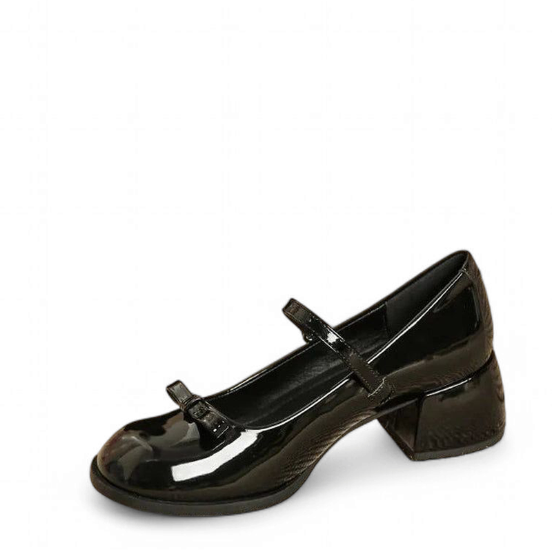 Glossy black Mary-Jane with mid block heel and bow, side studio view.