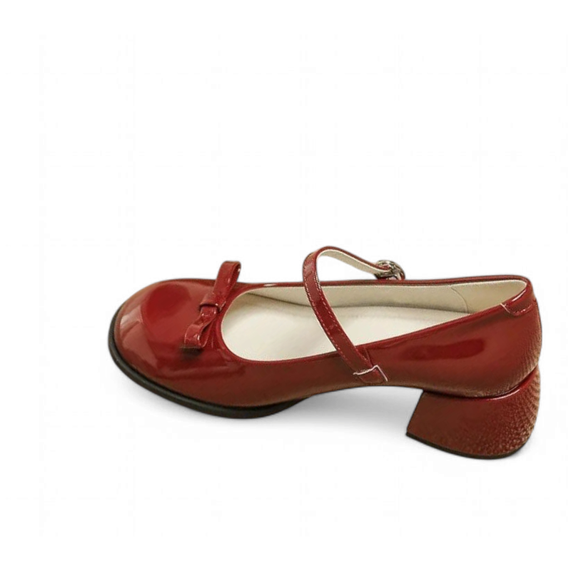 Glossy burgundy Mary-Jane with mid block heel and front bow, side view on white background.