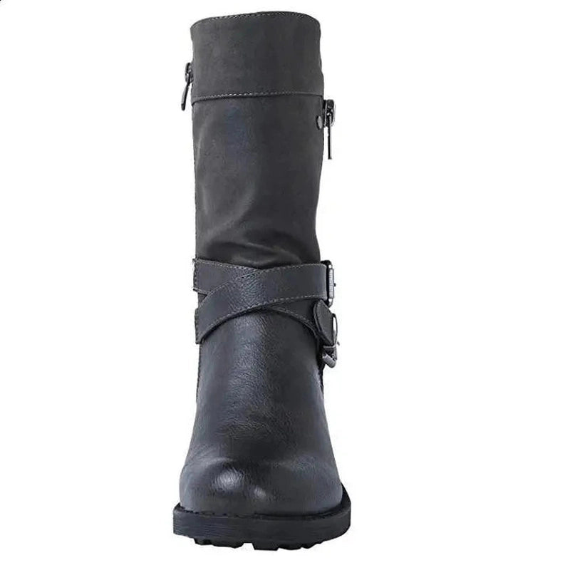 A front-facing view of Merendy Santos boots standing side by side, showing the rounded toes, smooth upper, and wide-calf structure.