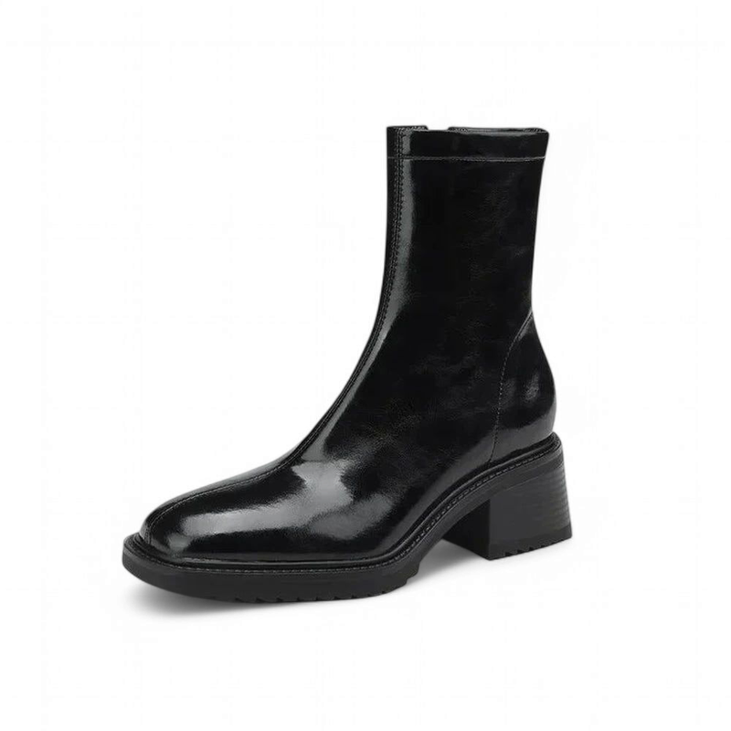 Side profile of a sleek black mid-calf boot with square toe and low stacked heel.