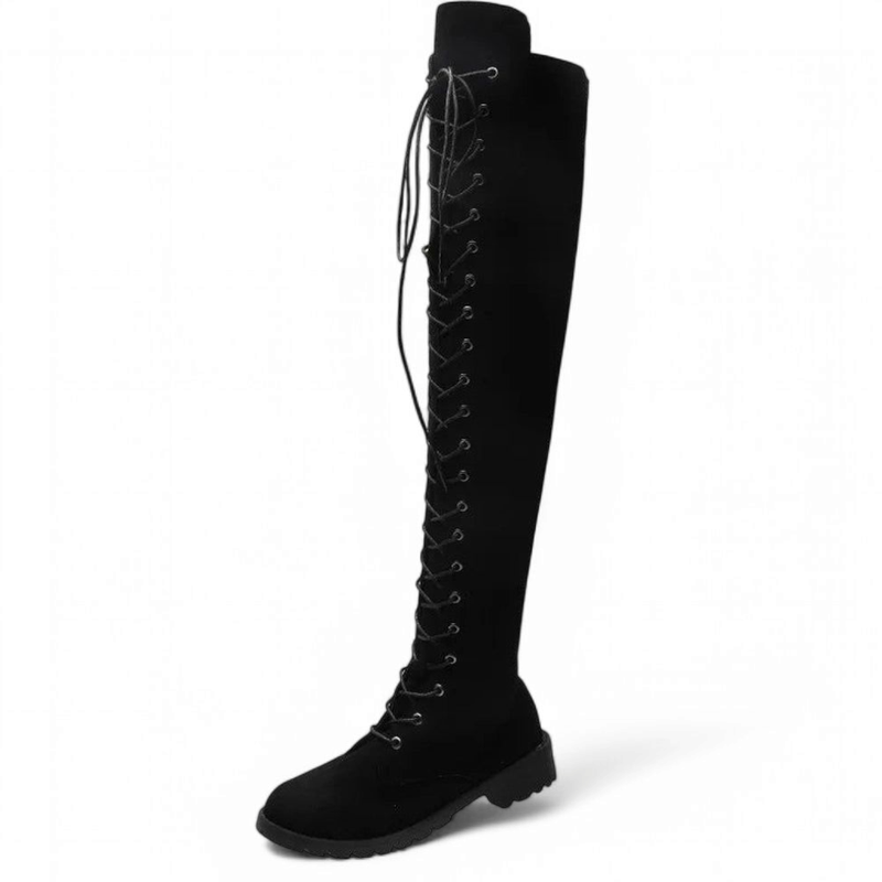 Tall black over-the-knee boots showing full height and structured shaft