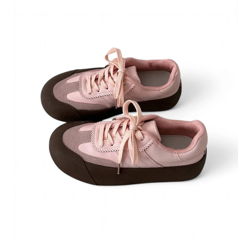 Merendy Blue zoon pink-brown sneakers — top-angled pair