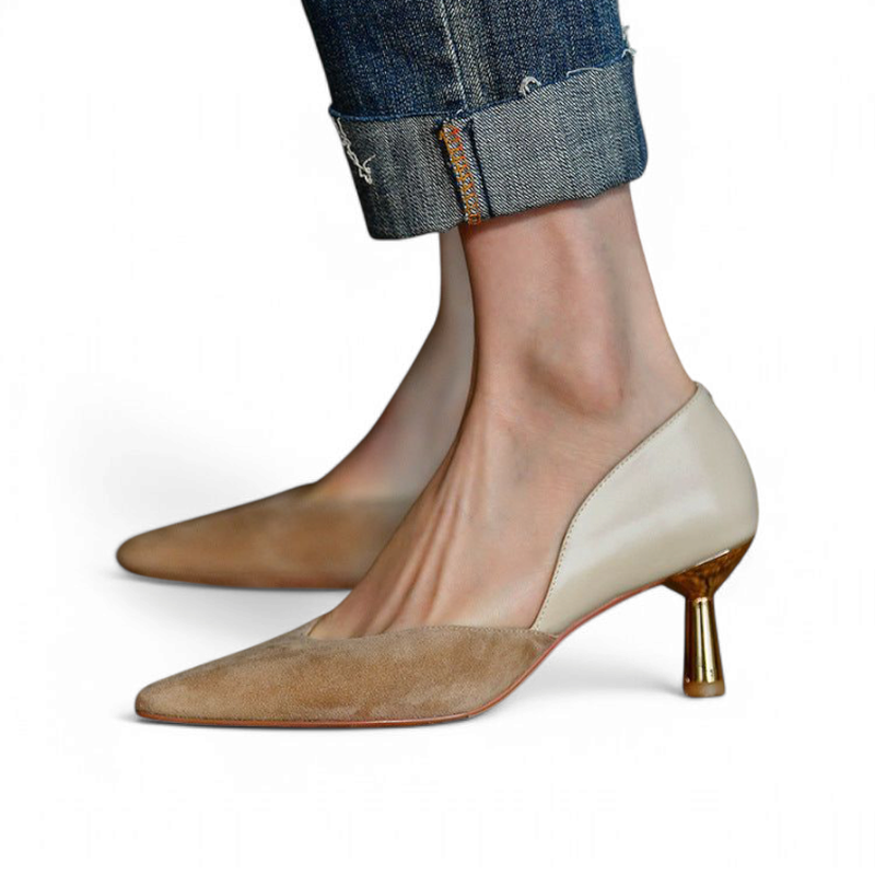 Close side shot emphasizing suede front and smooth PU rear