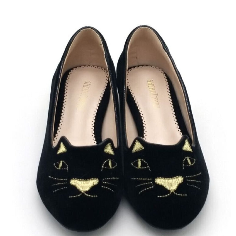 Front pair view of black round-toe flats with gold cat embroidery on the vamp.