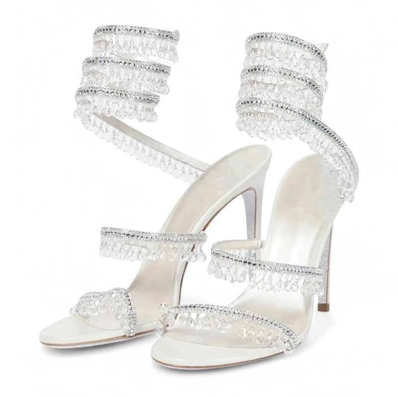 White satin wrap sandals with clear crystal fringe, angled view