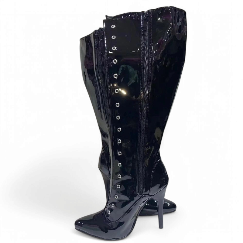 Shiny black stiletto boot shown from the side with side zipper and eyelet row