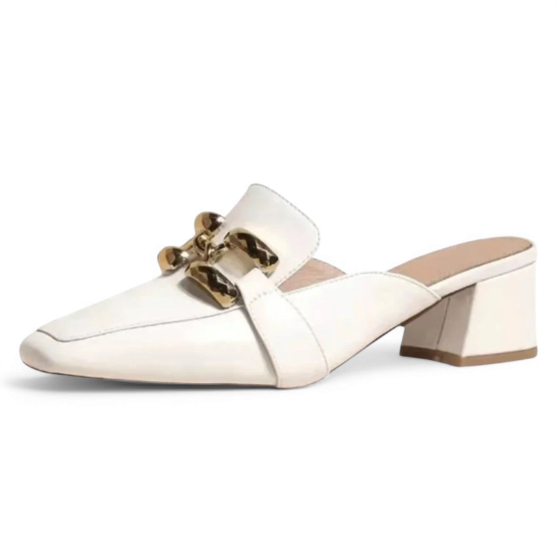 Ivory mule with mid square heel and gold chain detail, side profile