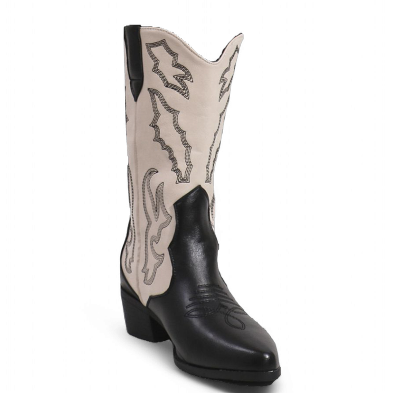 Black & cream single boot with tapered square toe and crisp stitching.