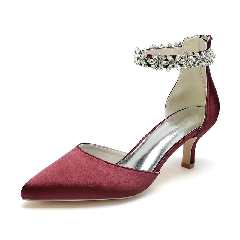 Rich wine red satin pump with pointed toe, kitten heel and crystal ankle strap.