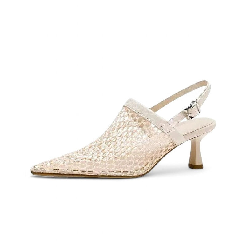 Studio shot of single ivory shoe displaying flowing mesh upper and flared kitten heel.
