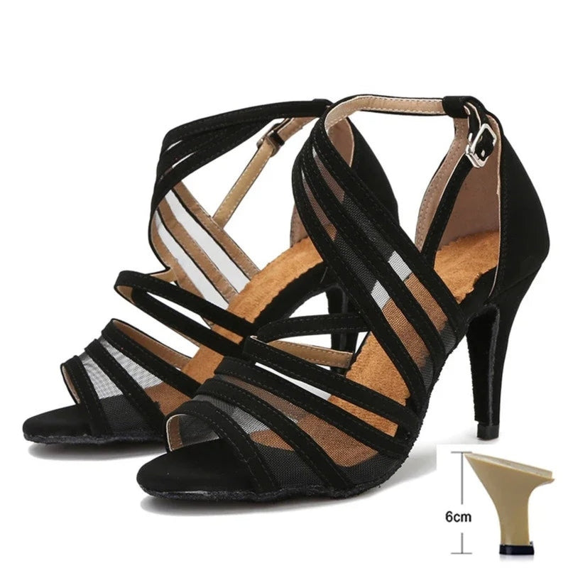 Black pair, open toe, mesh straps and thin heel; three-quarter view with 6 cm heel marker.