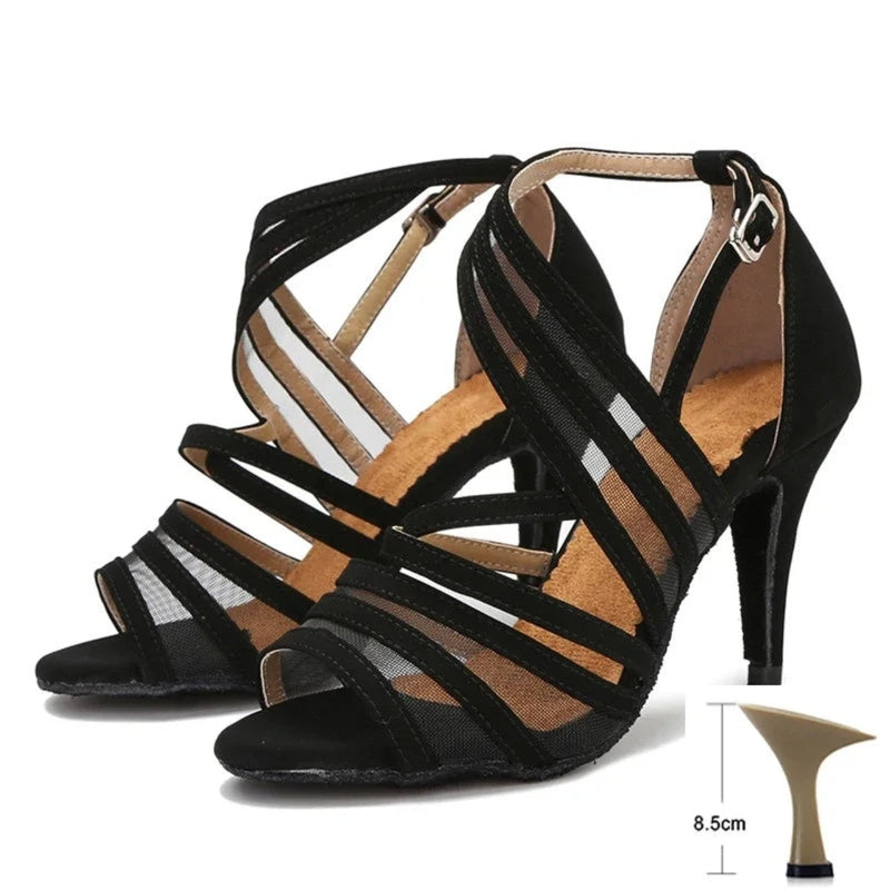 Black Latin sandals, open toe and ankle buckle; three-quarter view, 8.5 cm heel marker.