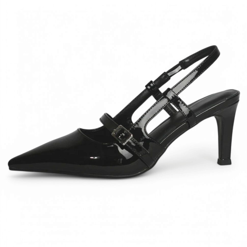 Glossy black version from the side with mid-high stiletto heel.