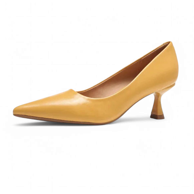 camel pump shown from the side; pointed toe and kitten heel