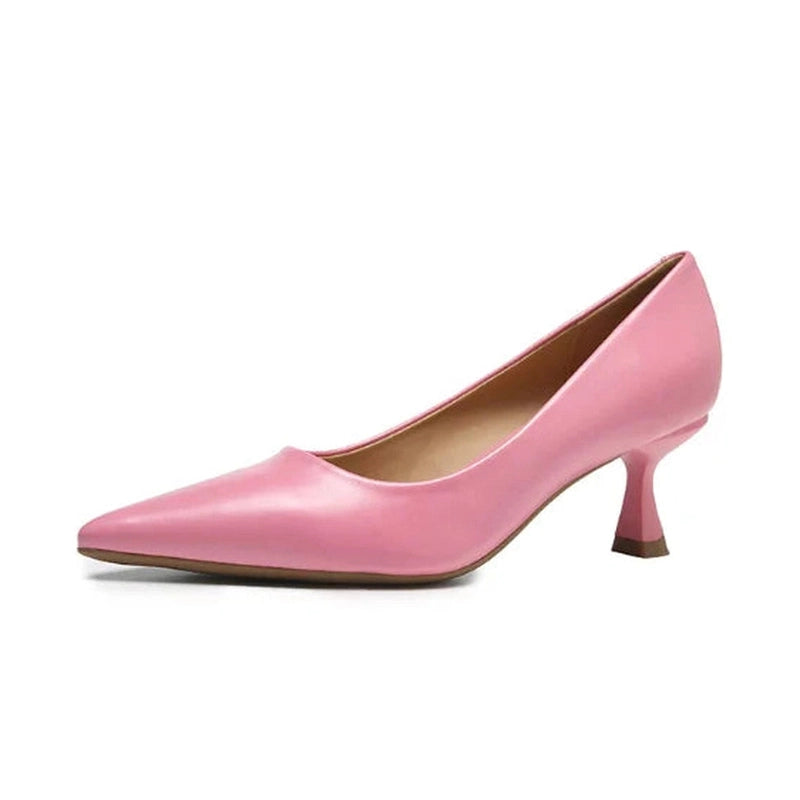 pink pump on white background, pointed toe, kitten heel