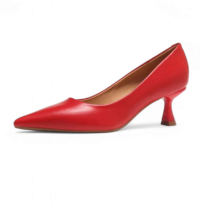 Red pump with pointed toe and flared kitten heel, side profile