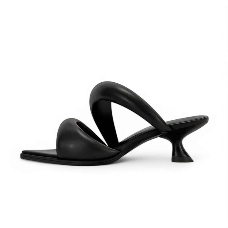 Black open-toe sandal with square toe, wide arched strap and flared kitten heel.