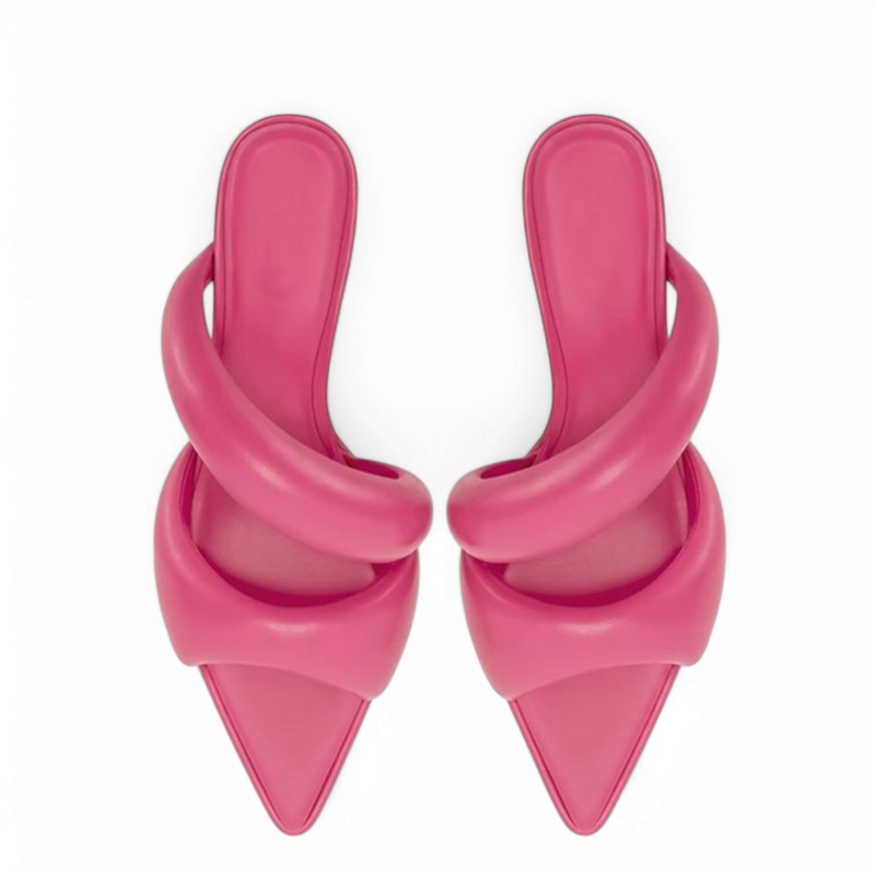 Overhead shot of pink sandal pair showing arched straps and tapered square toes.
