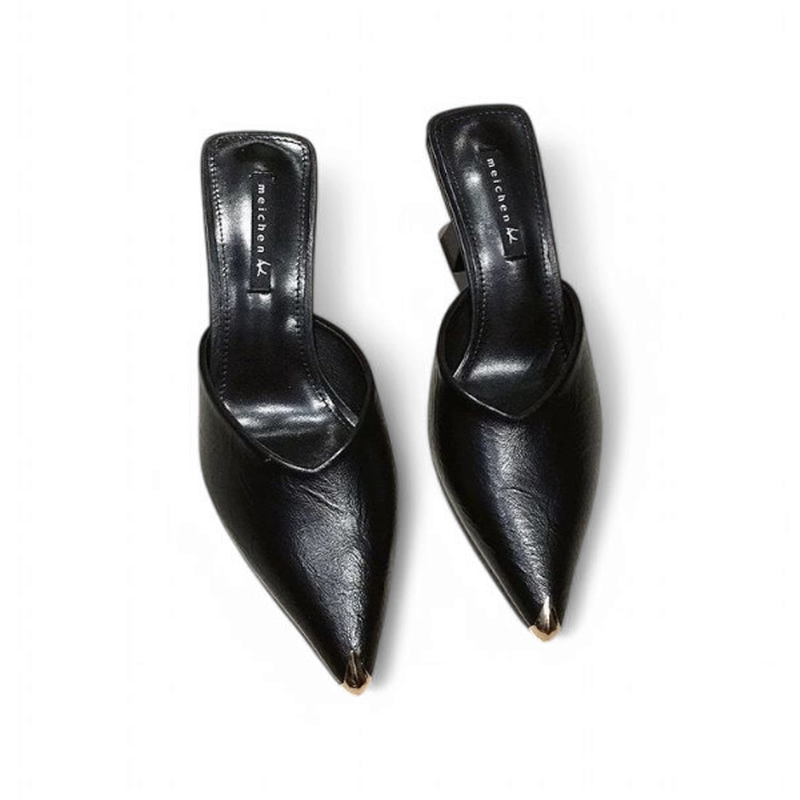 Pair of black PU slides shown side‑by‑side from above