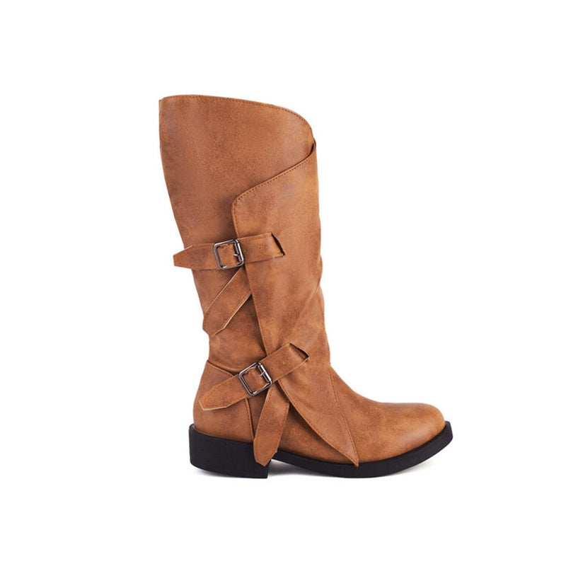 Side profile of the boot with visible buckle details and gently sloped heel