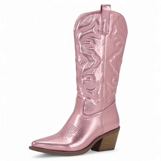 Metallic pink boot showing embroidery, side zipper and pull loop.
