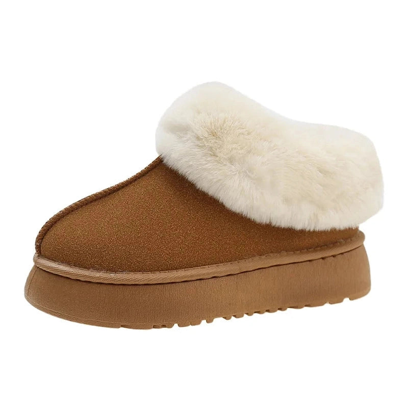 A brown slip-on platform slipper with thick faux fur fully surrounding the collar, shown from the side.