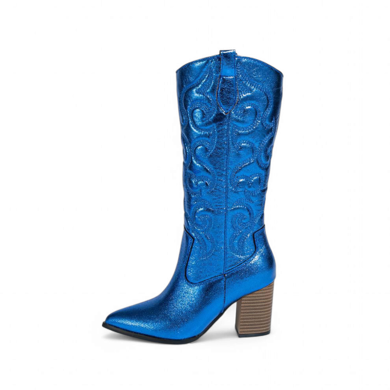 Metallic blue cowboy boot with mid-shaft pull loop and wooden heel, side profile.
