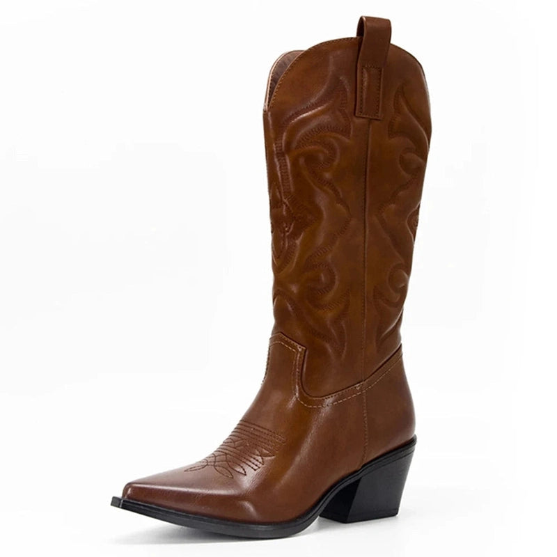 Brown western boot with swirling embroidery, pull tab and mid-height heel.