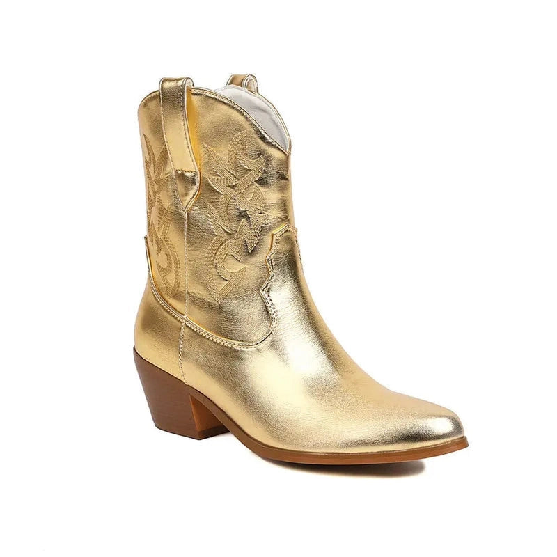 Gold metallic cowboy boot with western stitching and pull tabs.