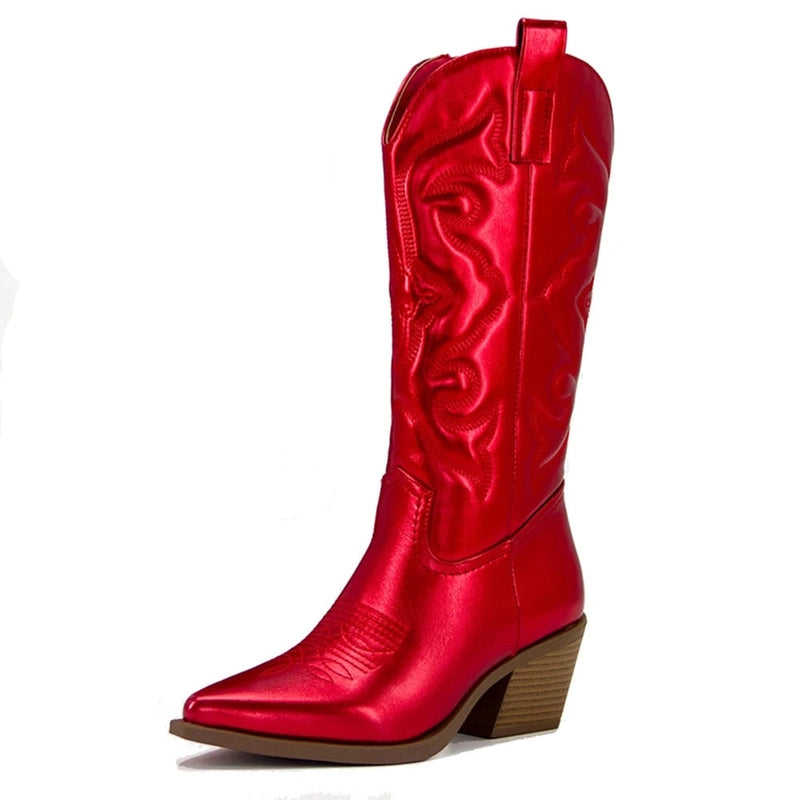 Glossy red western boot with medium wooden heel and slightly snipped toe.