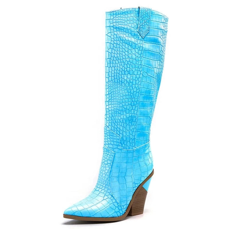 Side view of a sky blue knee-high boot with crocodile texture.