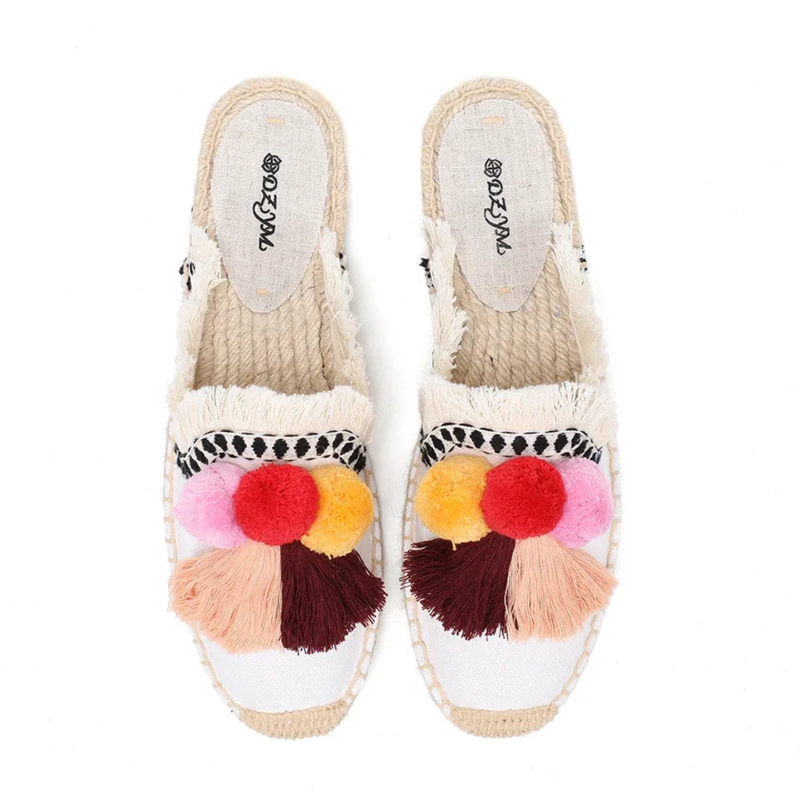 White tasselled espadrille mules, top view