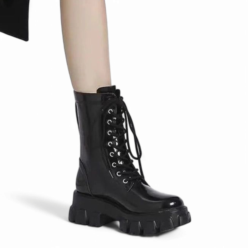 Close-up of the boot's left side while being worn.