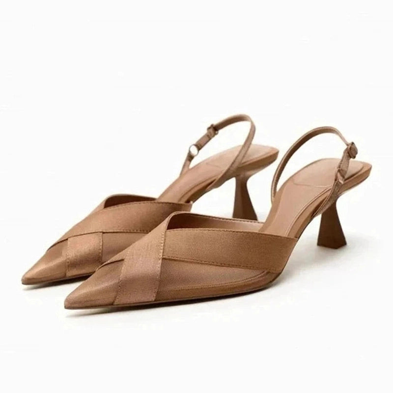 Brown satin cross-strap kitten-heel slingback, white background