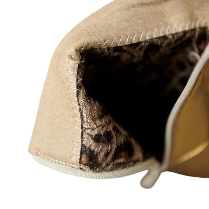Close view of leopard-print short-plush lining inside beige boot.