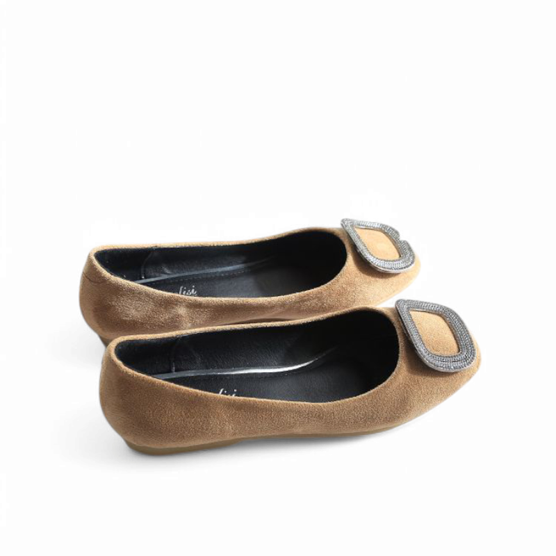 Camel suede-look ballet pair, side view highlighting square toe and flat heel.