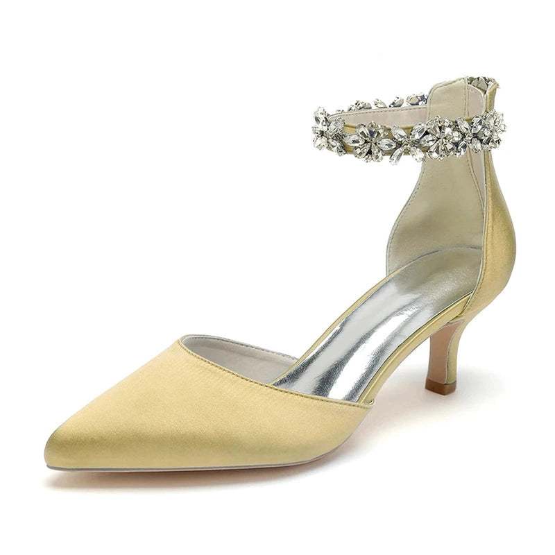 Merendy Nogom side view, light-gold crystal ankle-strap pump