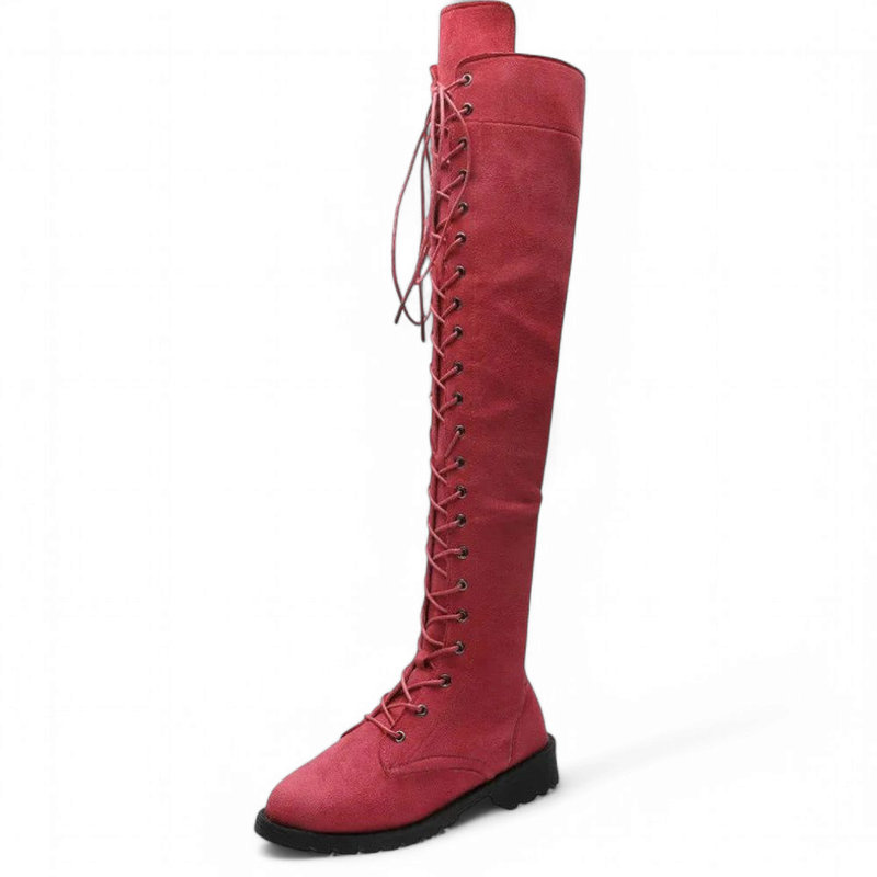 Over-the-knee red boots with classic lace-up design and low square heel