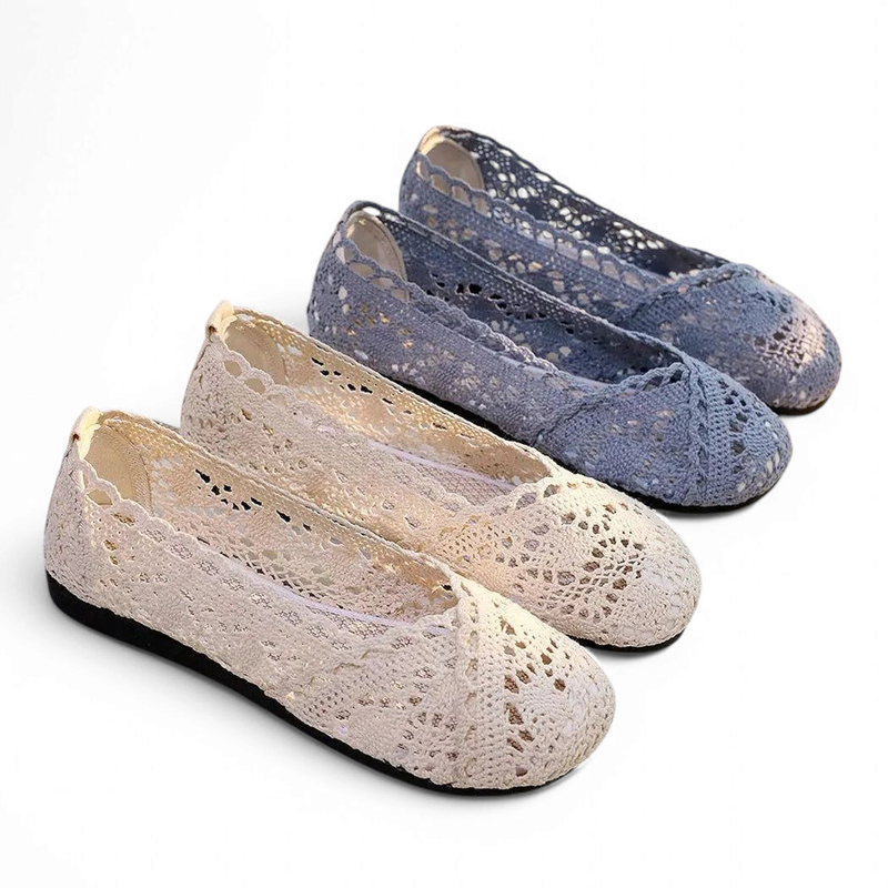 Two pairs of Merendy Sika flats in beige and gray mesh lace with round toes, displayed on a white background.