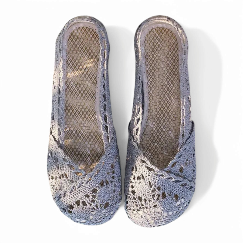 Overhead view of gray Merendy Sika ballet flats with mesh texture and soft insole visible.