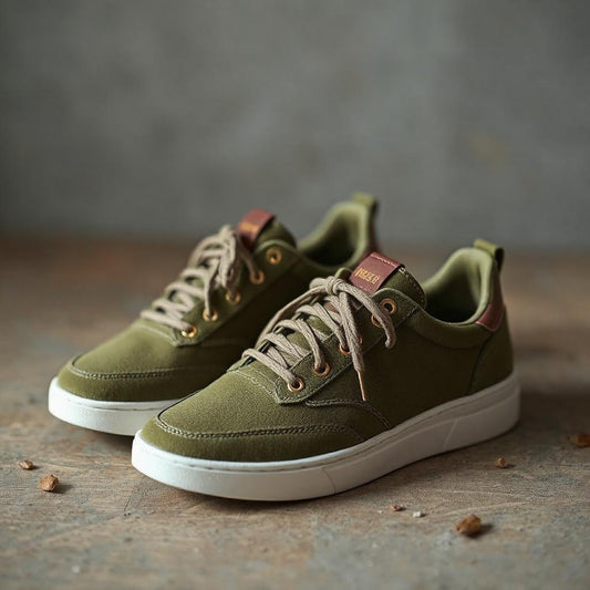 Low-cut olive green sneakers with beige laces and flat white sole