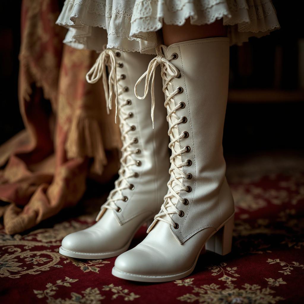 Tall white Victorian boots with block heel and front laces, placed on a patterned red carpet